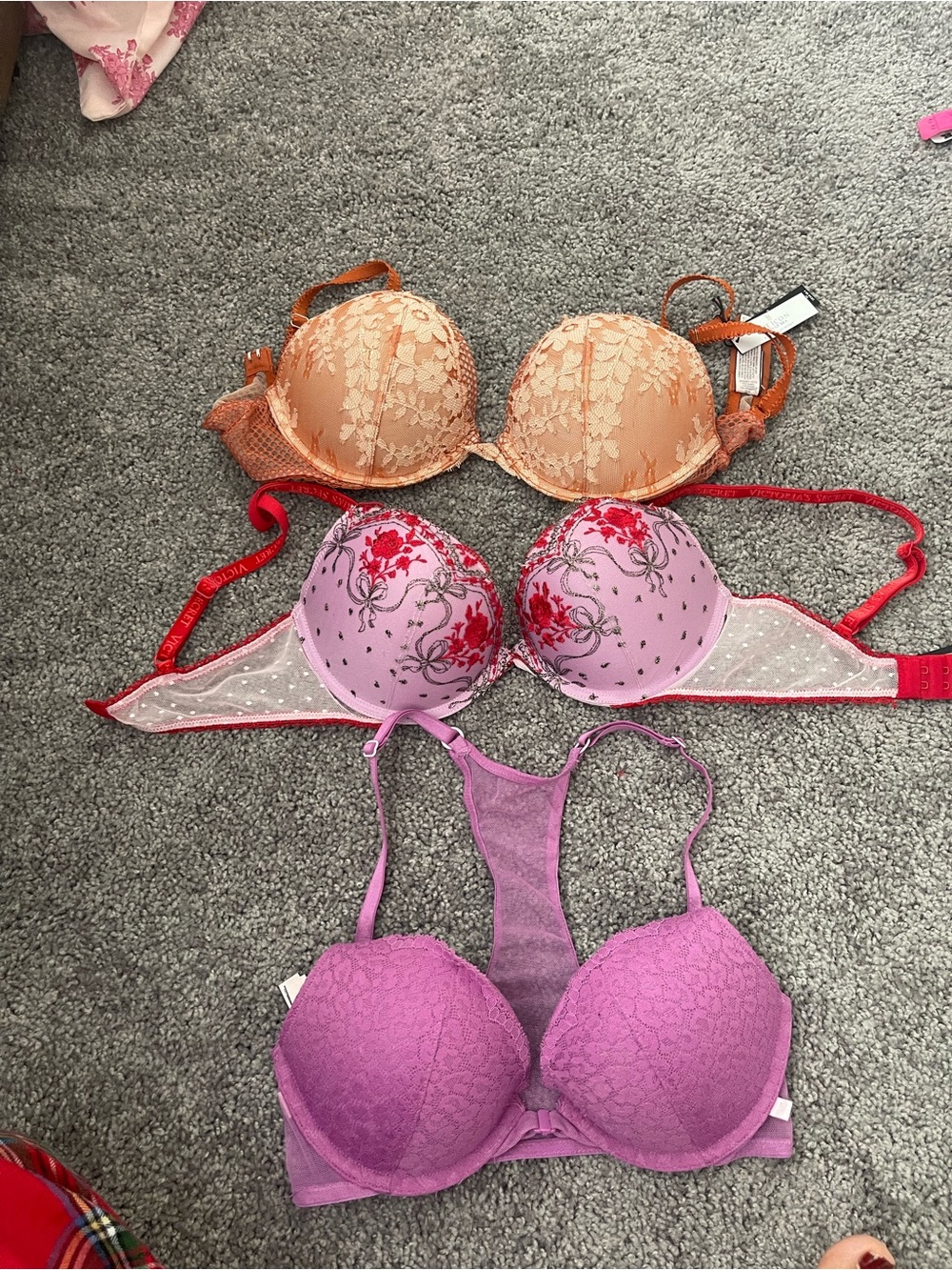 Victoria's Secret Lace & Embroidered Bra Trio — Peach, Pink, Purple